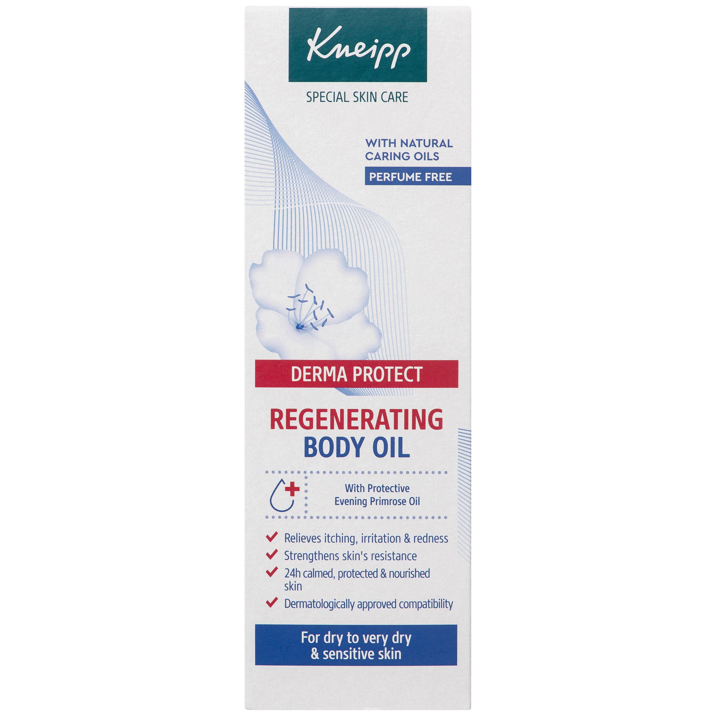 Kneipp Derma Protect Body Oil verpakking. Wit met blauwe en rode elementen. Tekst: Body Oil, voor droge huid.
