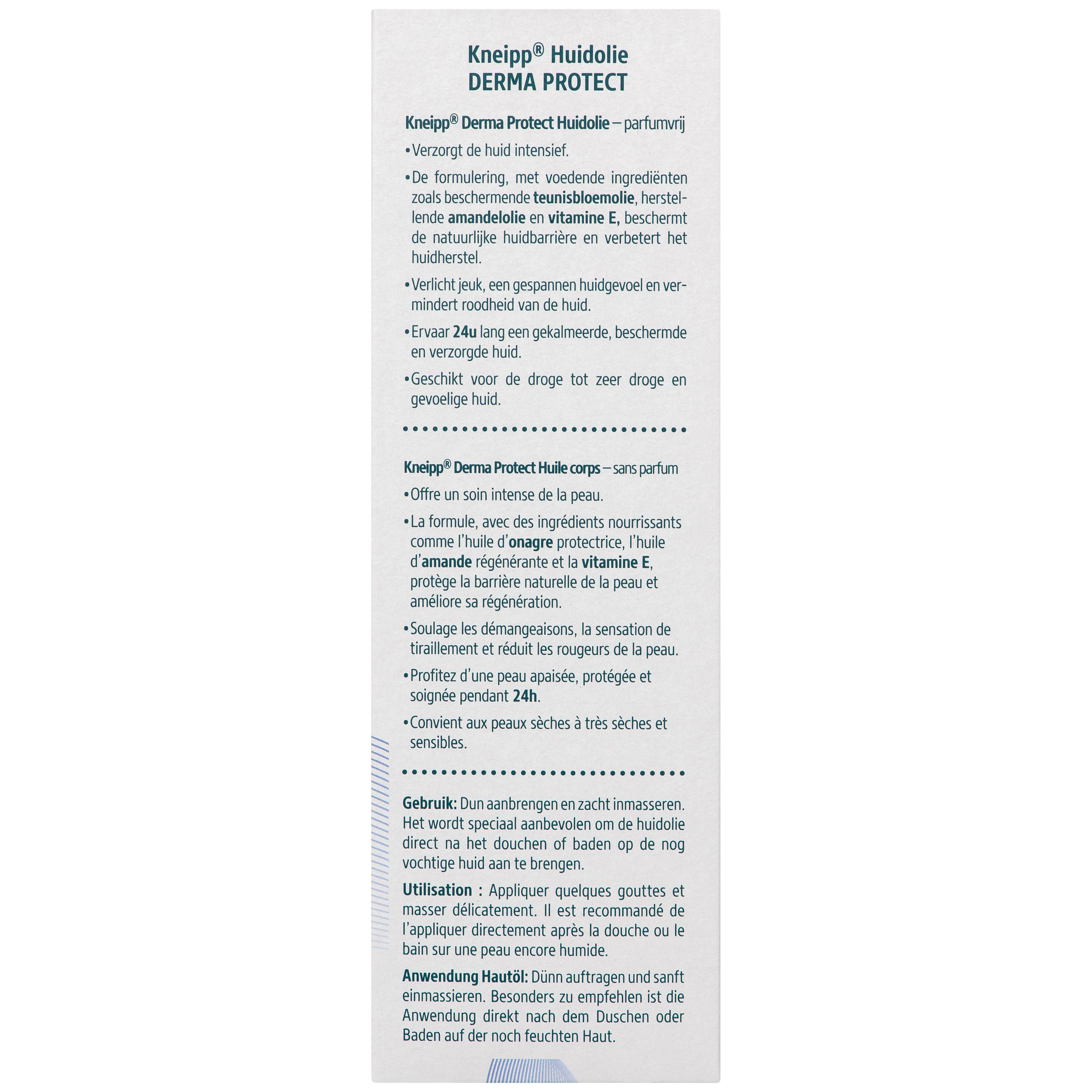 Tekst in het Duits, beschrijving van Kneipp Derma Protect Body Oil. Ingrediënten, gebruik, indicaties voor droge huid.