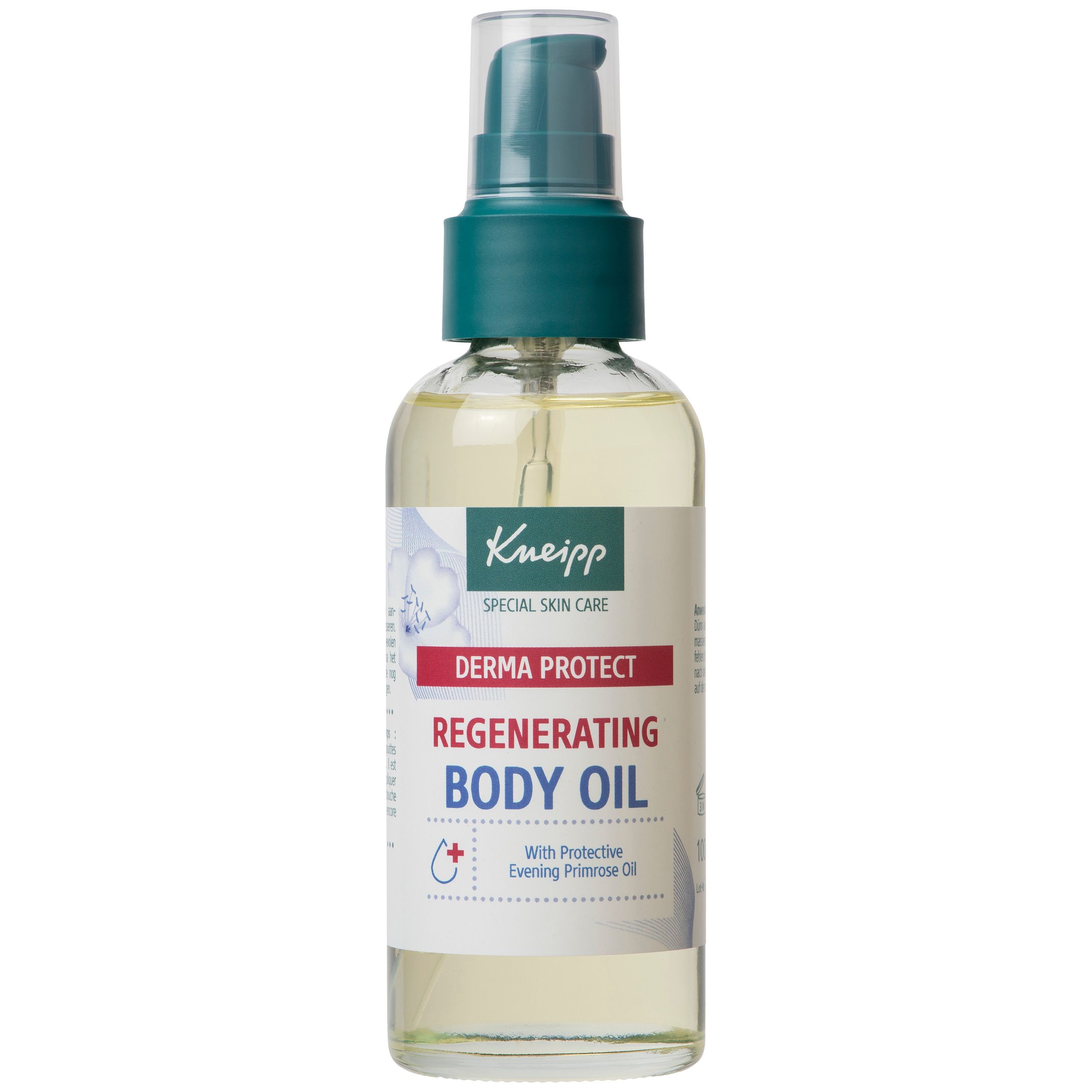 Kneipp Derma Protect Body Oil, fles. Met pomp, transparante vloeistof. Tekst: Body Oil.