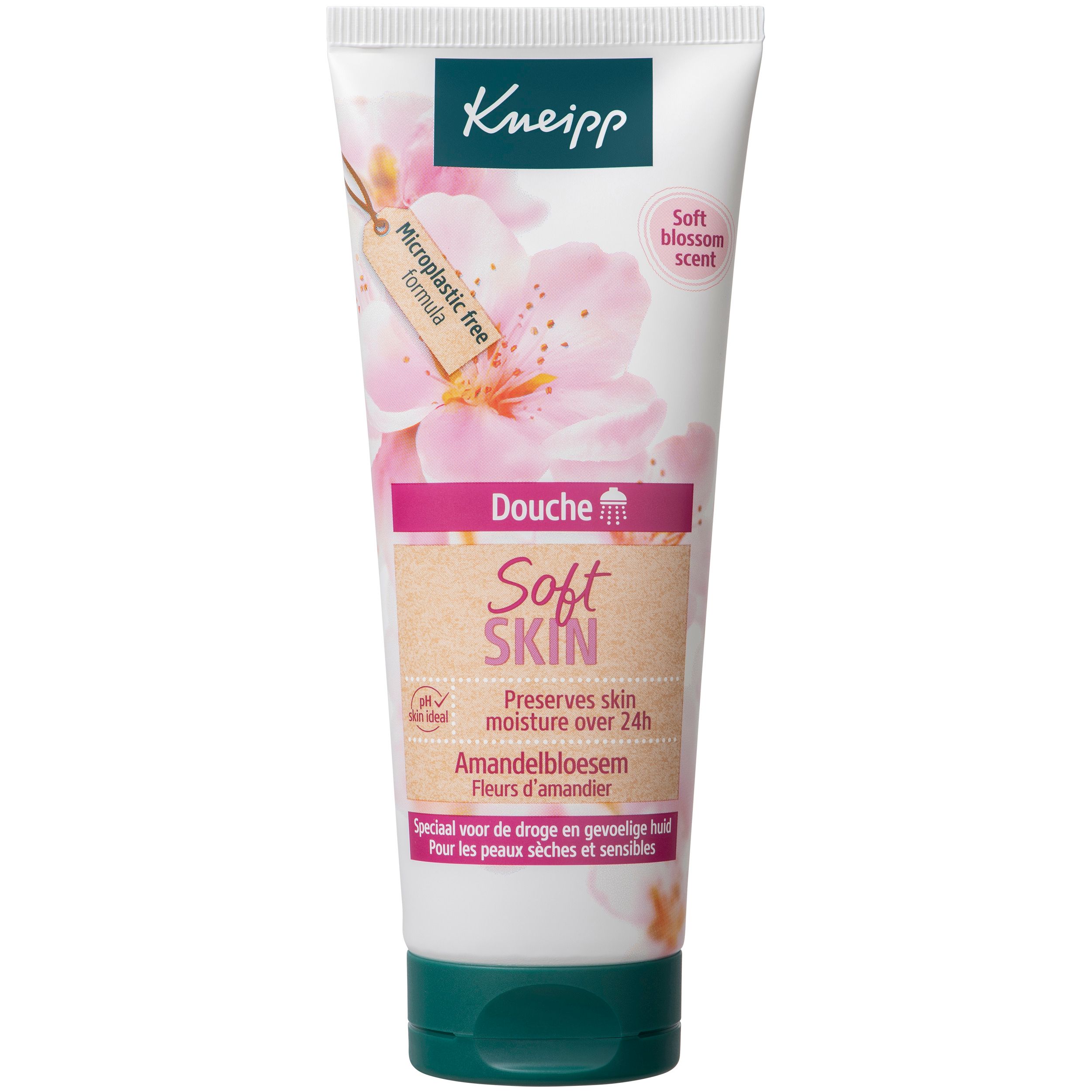 Gel douche Soft Skin. Tube blanc avec fleurs roses et bouchon vert. Inscription: Kneipp, Soft Skin, Fleurs d'amandier.