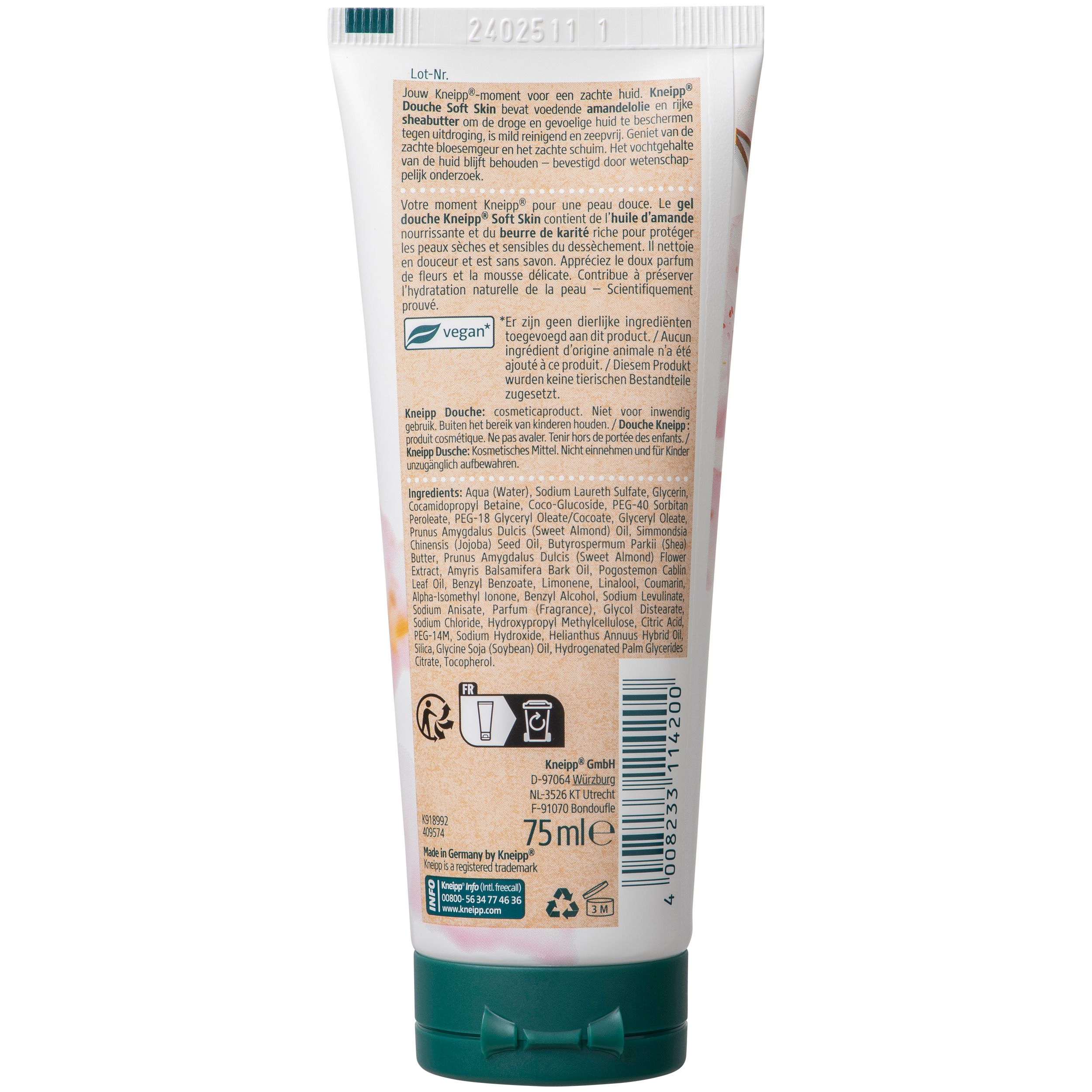 Dos du tube. Texte: Kneipp, Soft Skin, 75ml, ingrédients, vegan. Emballage vert et blanc avec informations.