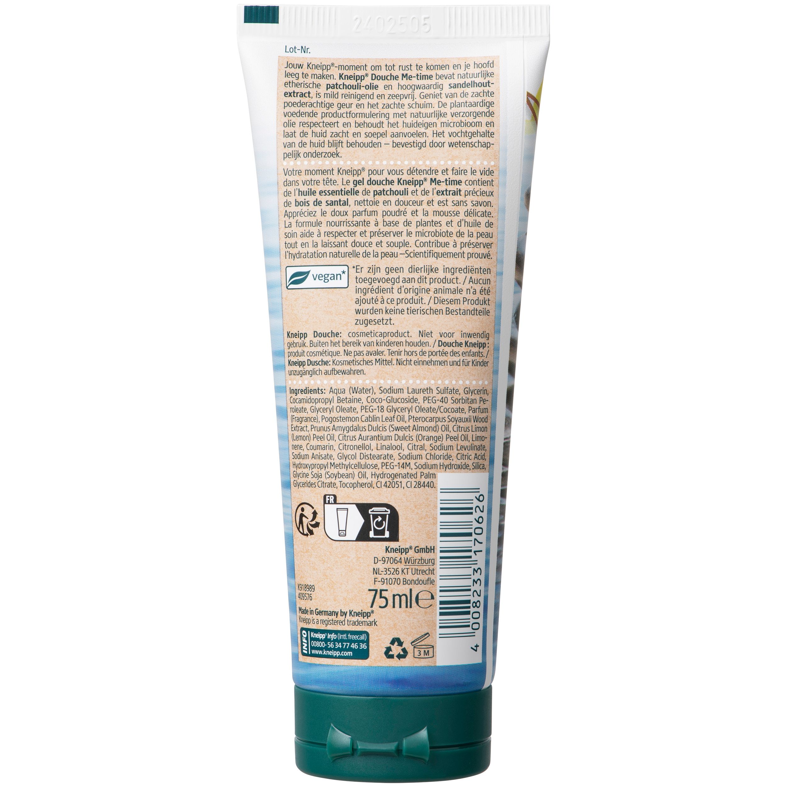 Achterkant van de Kneipp "Me Time" douchegel tube. Tekst, ingrediënten, Vegan logo, 75ml. Groene dop. Gemaakt in Duitsland.