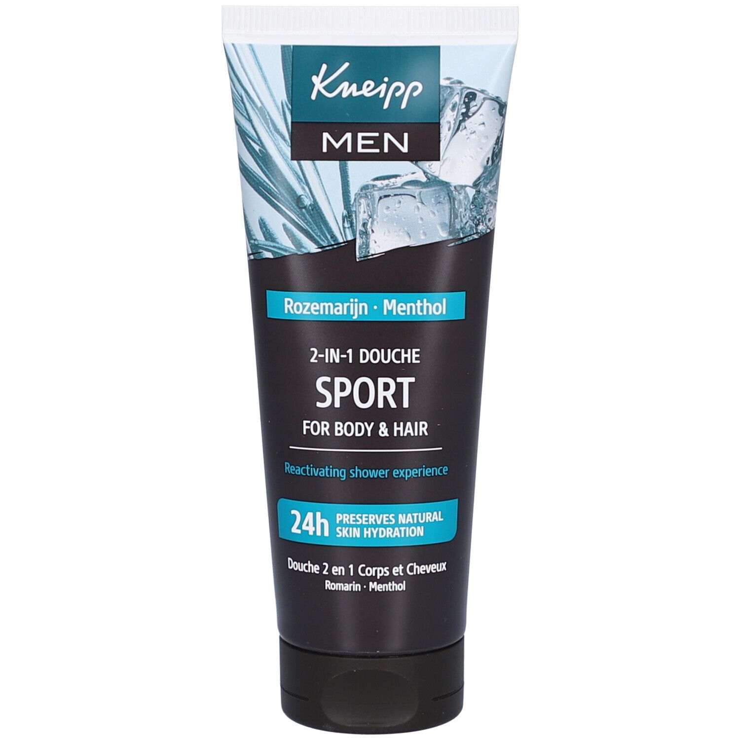 Tube Kneipp Men Sport Gel Douche. Zwarte dop, blauwe en witte tekst. Opschrift: 2-in-1 Douche Sport, Rozemarijn, Menthol.