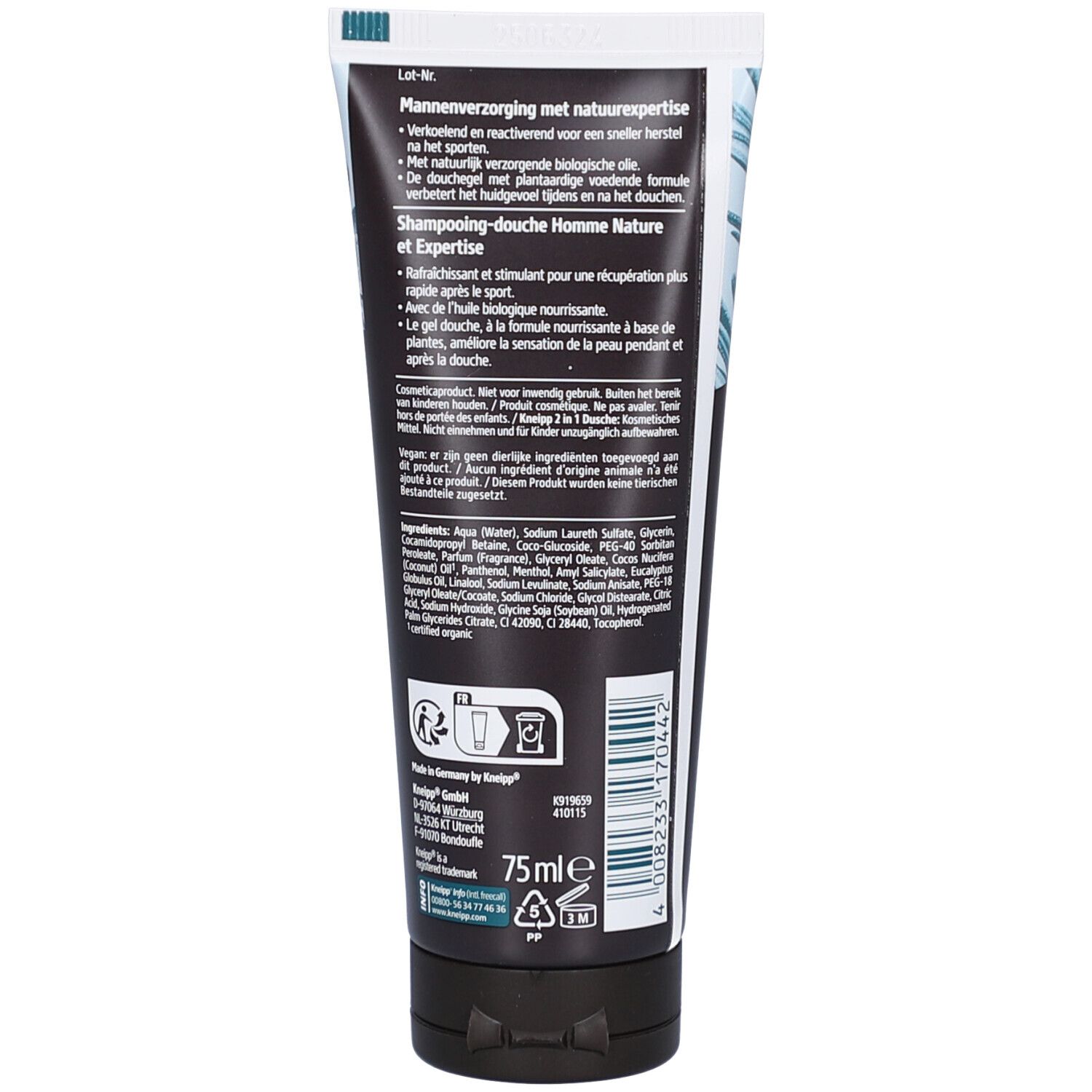 Achterkant van de tube Kneipp Men Sport Gel Douche. Zwarte dop, witte tekst. Tekst: Manneverzorging met natuurexpertise, 75ml.