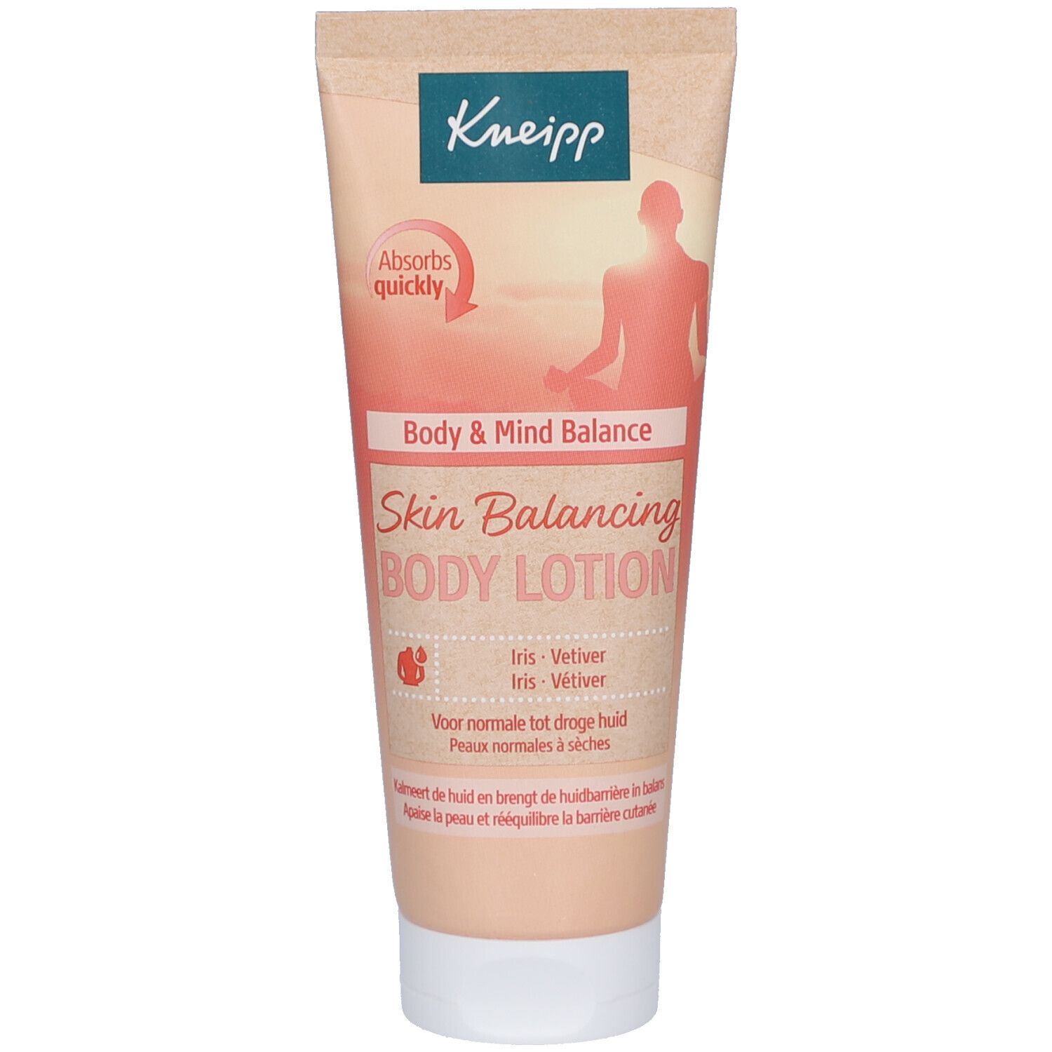 Tube beige Kneipp. Texte: Body & Mind Balance Skin Balancing Body Lotion. Contient Iris et Vétiver.