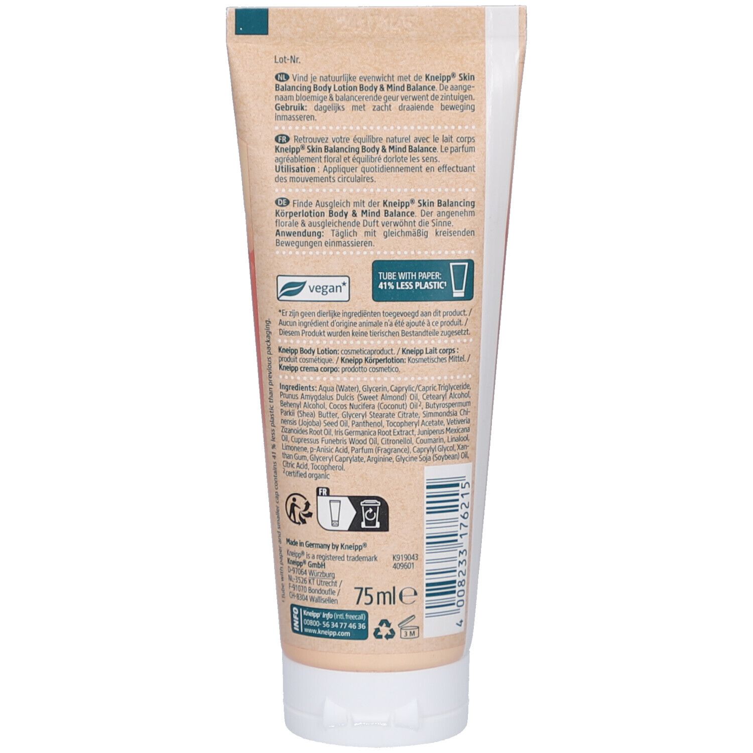 Dos du tube. Texte: Kneipp Skin Balancing Body Lotion. Ingrédients, vegan, 75ml.