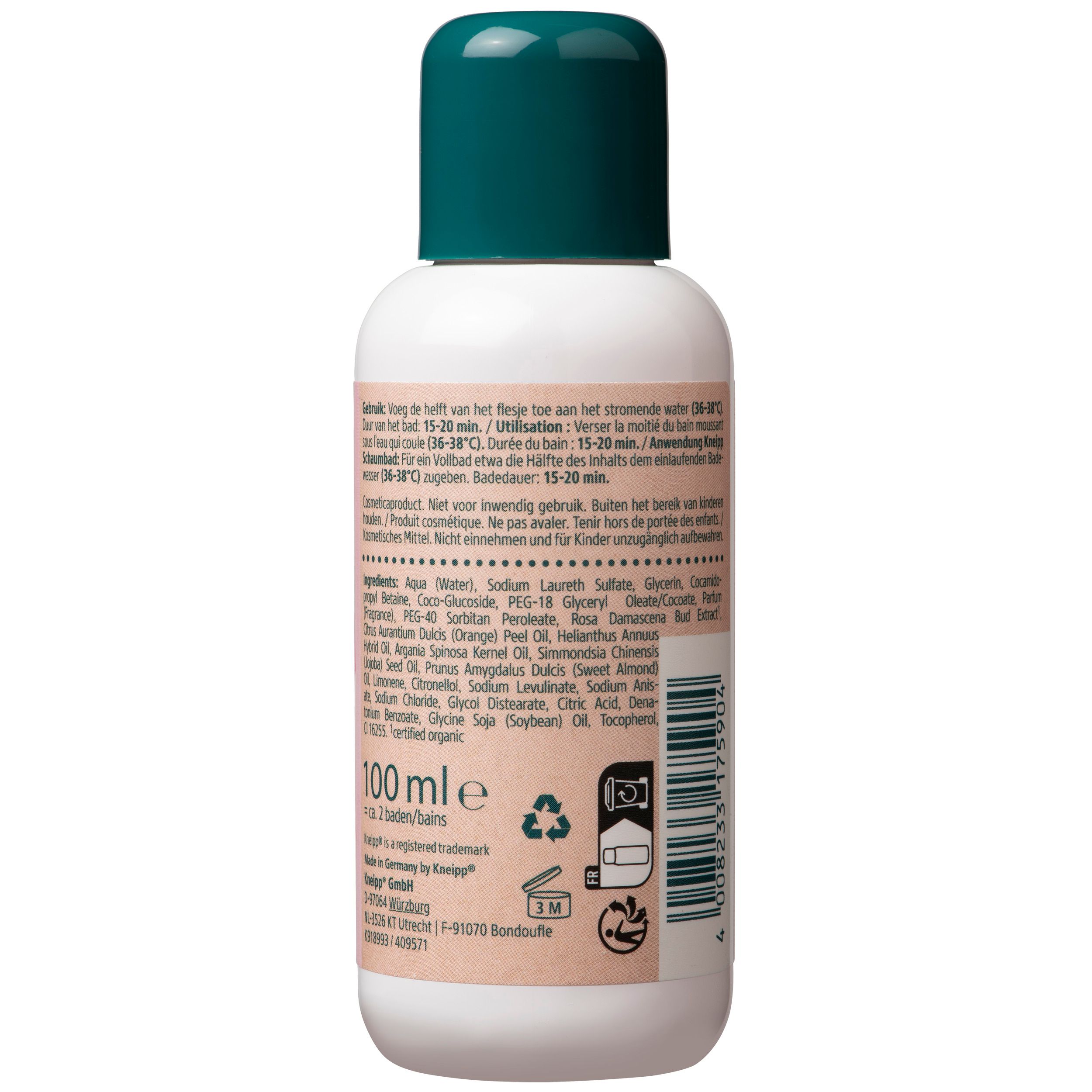 Achterkant van witte fles met groene dop. Tekst, ingrediënten, symbolen. Roze bloemenontwerp. 100 ml.