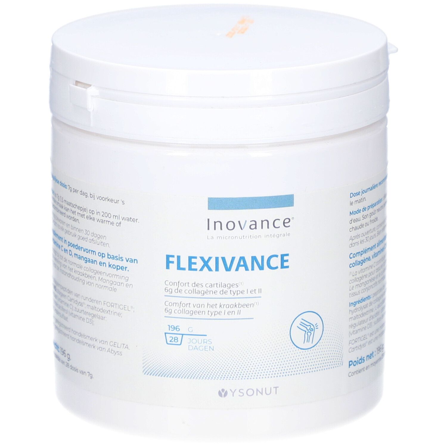 Witte pot met blauw deksel. Opschrift: Inovance Flexivance. Bevat 196g. Voor 28 dagen.