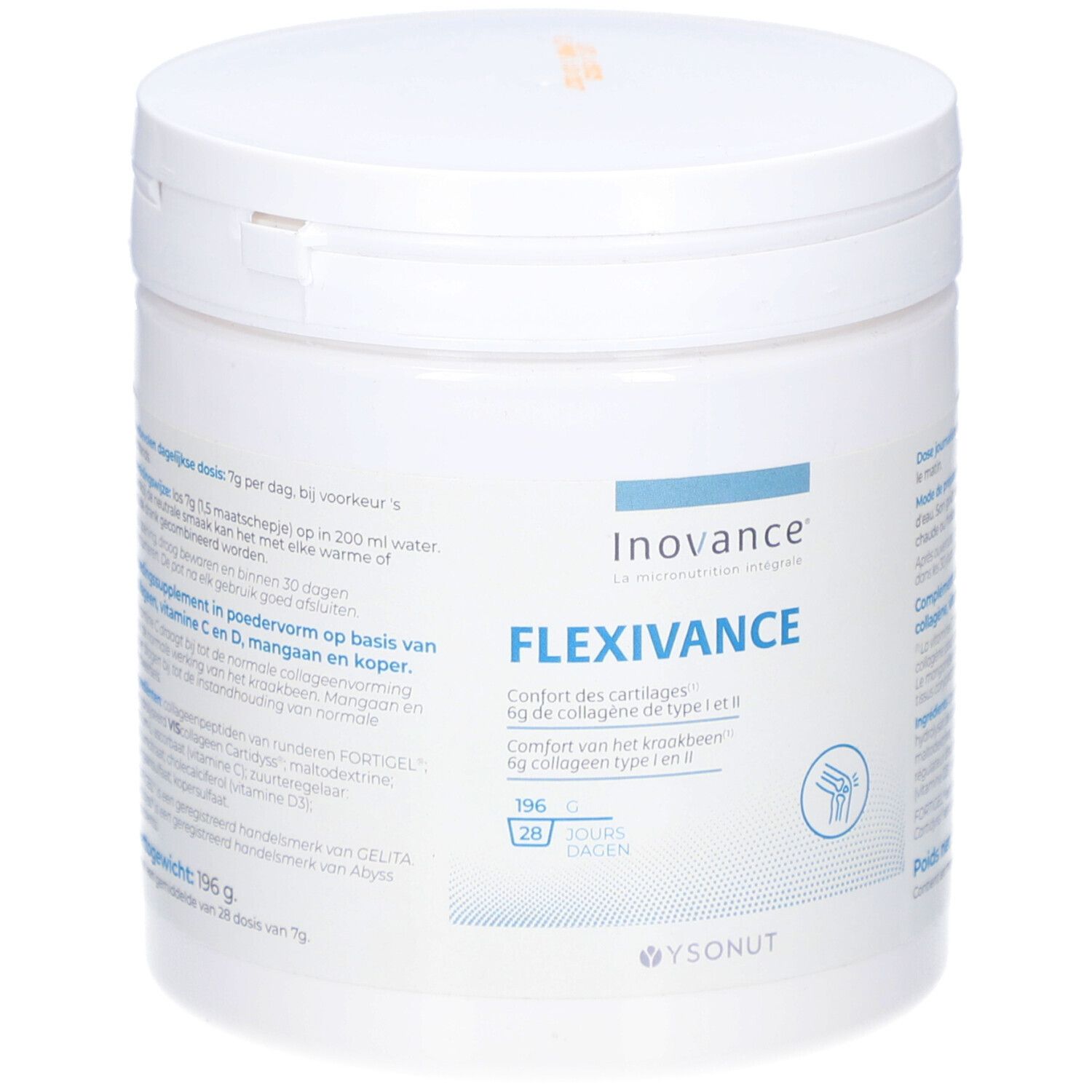 Witte pot met blauw deksel. Opschrift: Inovance Flexivance. Bevat 196g. Voor 28 dagen.
