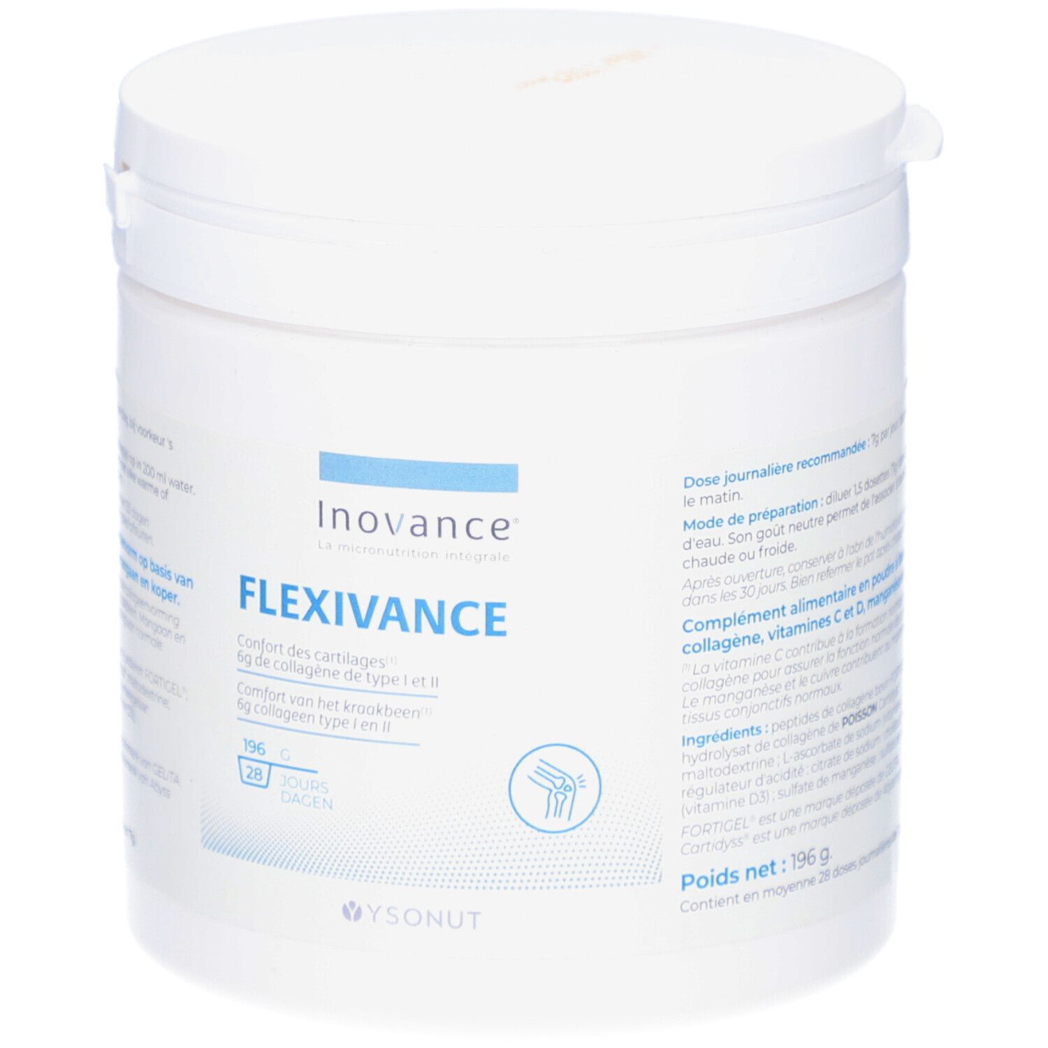 Witte pot met blauw deksel. Opschrift: Inovance Flexivance. Bevat 196g. Voor 28 dagen.