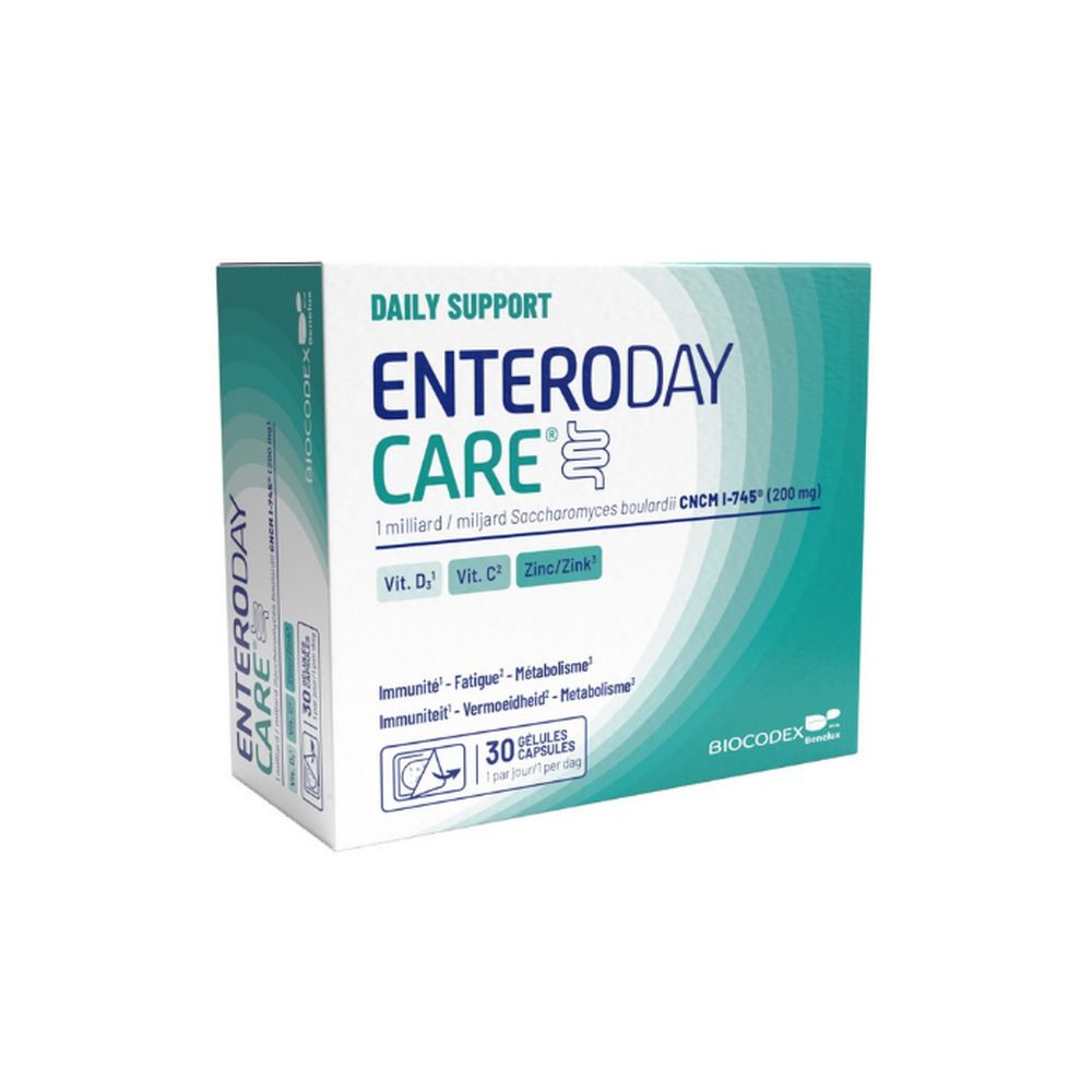 Doos Enteroday Care, wit-turkoois. Bevat 30 capsules. Opschrift: Daily Support, 1 miljard Saccharomyces boulardii.