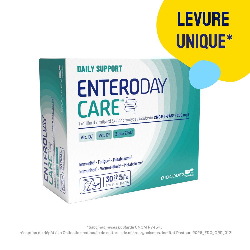 Boîte Enteroday Care avec accent jaune. Inscription: Levure Unique. Contient 30 gélules.