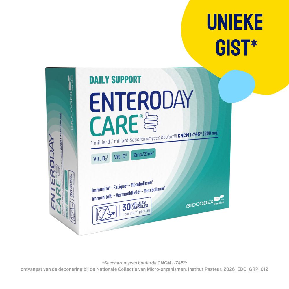 Enteroday Care doos met gele accent. Opschrift: Unieke Gist. Bevat 30 capsules.