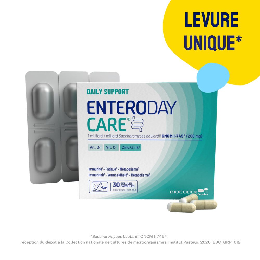 Boîte Enteroday Care avec plaquette et gélules. Inscription: Levure Unique. Contient 30 gélules.