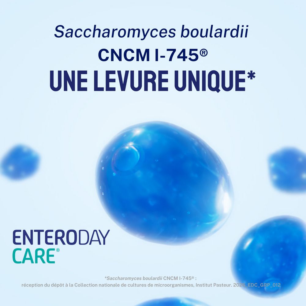 Formes bleues rondes. Inscription: Saccharomyces boulardii CNCM I-745. Une levure unique.