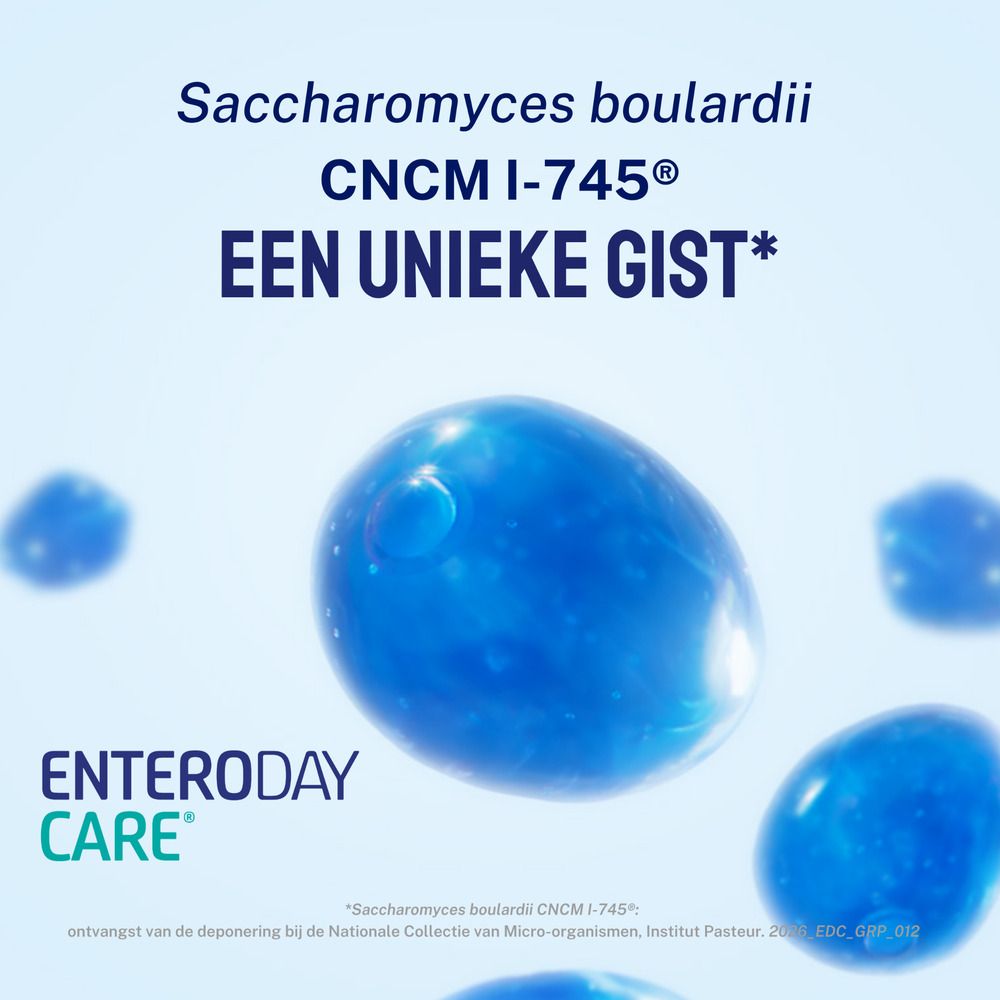 Blauwe, ronde vormen. Opschrift: Saccharomyces boulardii CNCM I-745. Een unieke gist.
