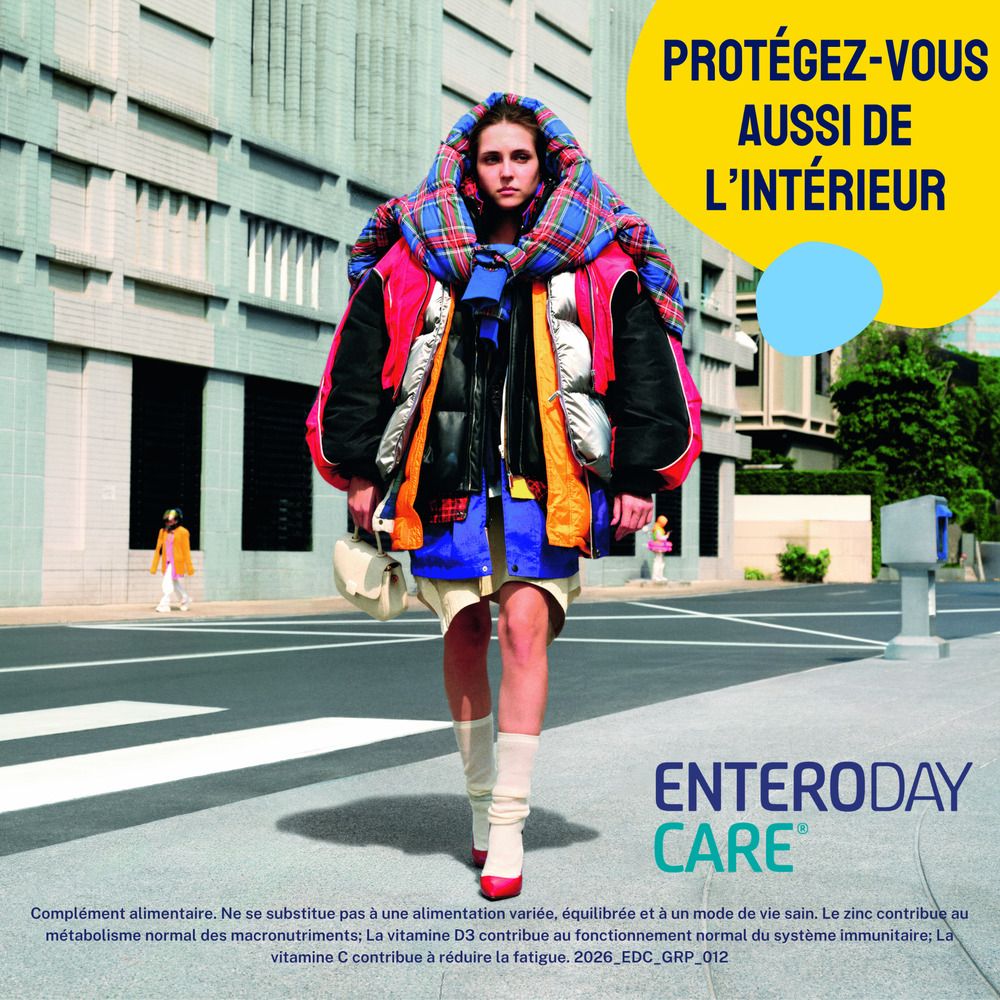 Femme en vêtements colorés dans la rue. Inscription: Enteroday Care. Protégez-vous aussi de l'intérieur.