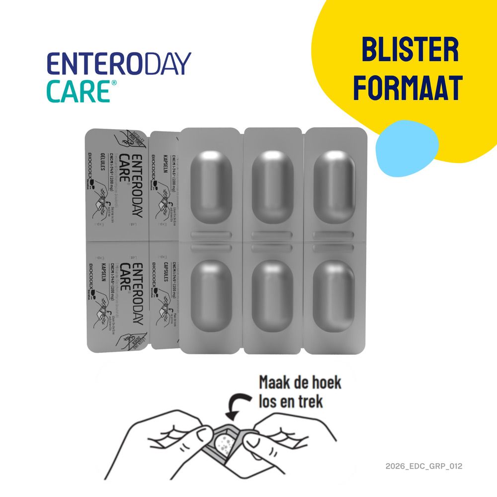 Blisterverpakking met capsules. Opschrift: Blister formaat. Openingsinstructie.