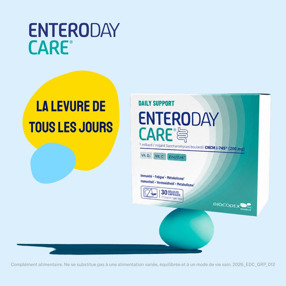 Boîte Enteroday Care avec accent jaune. Inscription: La levure de tous les jours. Contient 30 gélules.