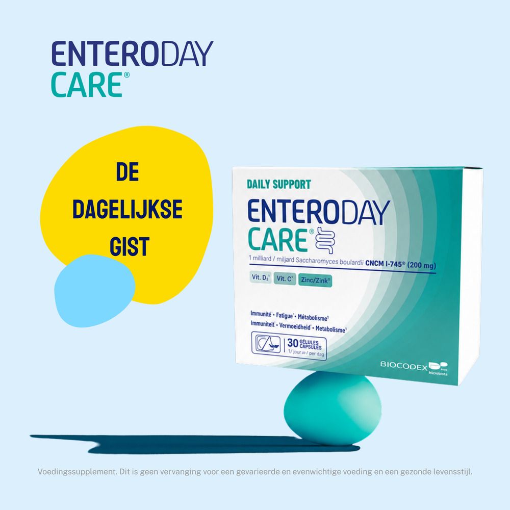 Enteroday Care doos met gele accent. Opschrift: De dagelijkse gist. Bevat 30 capsules.