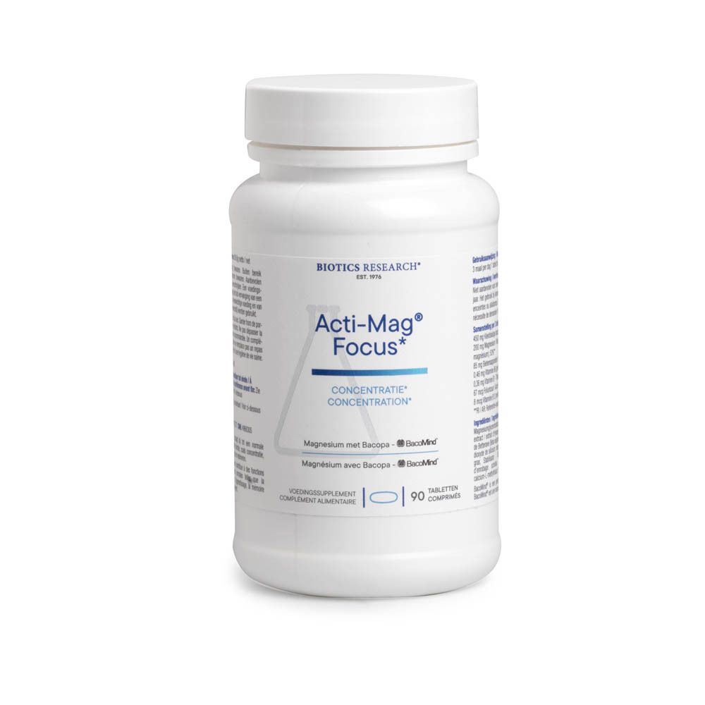 Flacon blanc avec comprimés. Inscription : Acti-Mag Focus, Concentration. 90 comprimés. Logo Biotics Research.