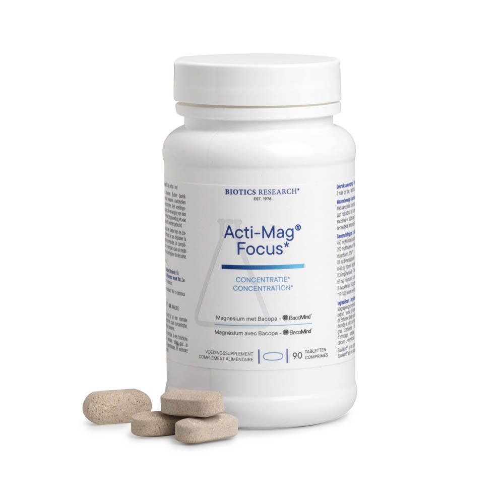 Witte fles met tabletten. Opschrift: Acti-Mag Focus, Concentratie. 90 tabletten. Biotics Research logo.