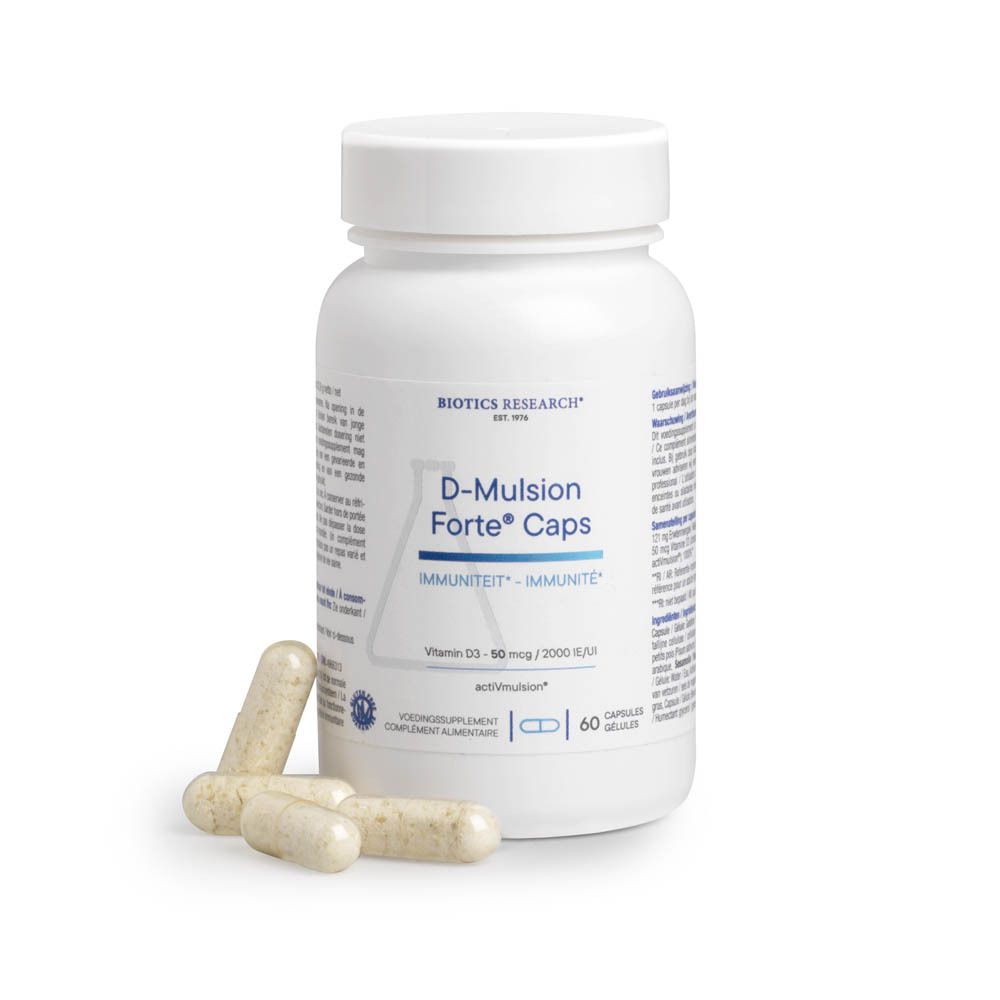 Witte fles met capsules. Opschrift: Biotics Research, D-Mulsion Forte Caps, vitamine D3. 60 capsules.