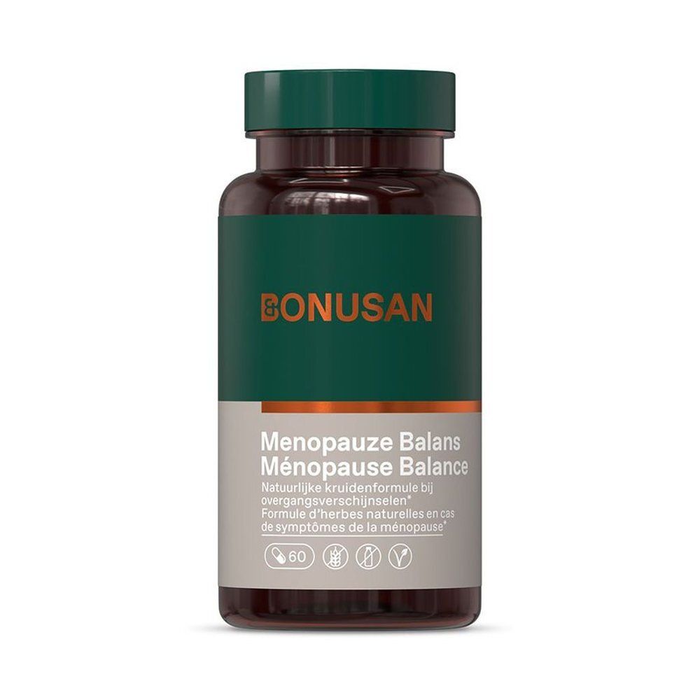 Bruine pot met groene dop. Opschrift: Bonusan, Ménopause Balance. 60 capsules.