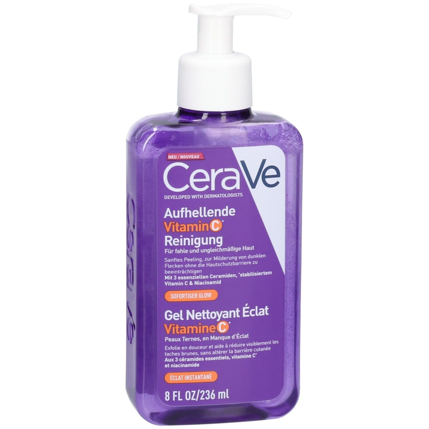 Nettoyant éclat à la Vitamine C de CeraVe dans un flacon pompe violet.