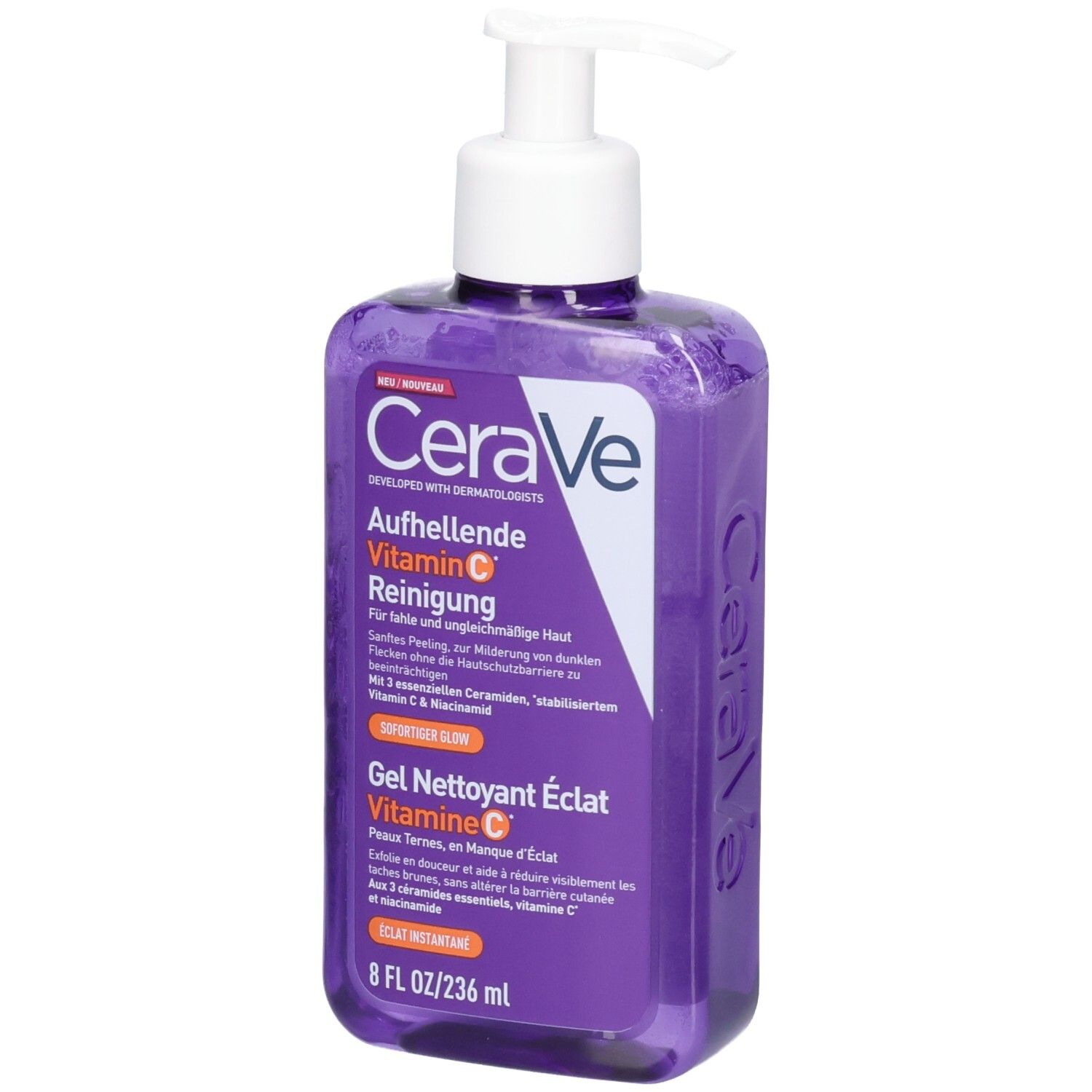 Nettoyant éclat à la Vitamine C de CeraVe, flacon pompe violet, vue avant.
