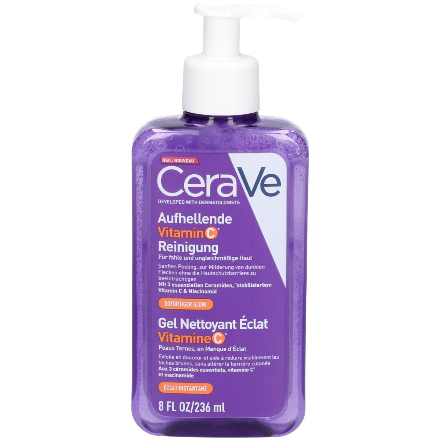 Nettoyant éclat à la Vitamine C de CeraVe, flacon pompe violet, avec texte.
