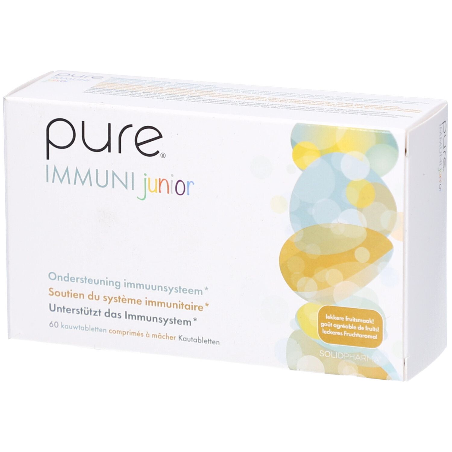 Boîte blanche avec impression du produit. Inscription : pure IMMUNI junior. 60 comprimés à mâcher. Soutien immunitaire.
