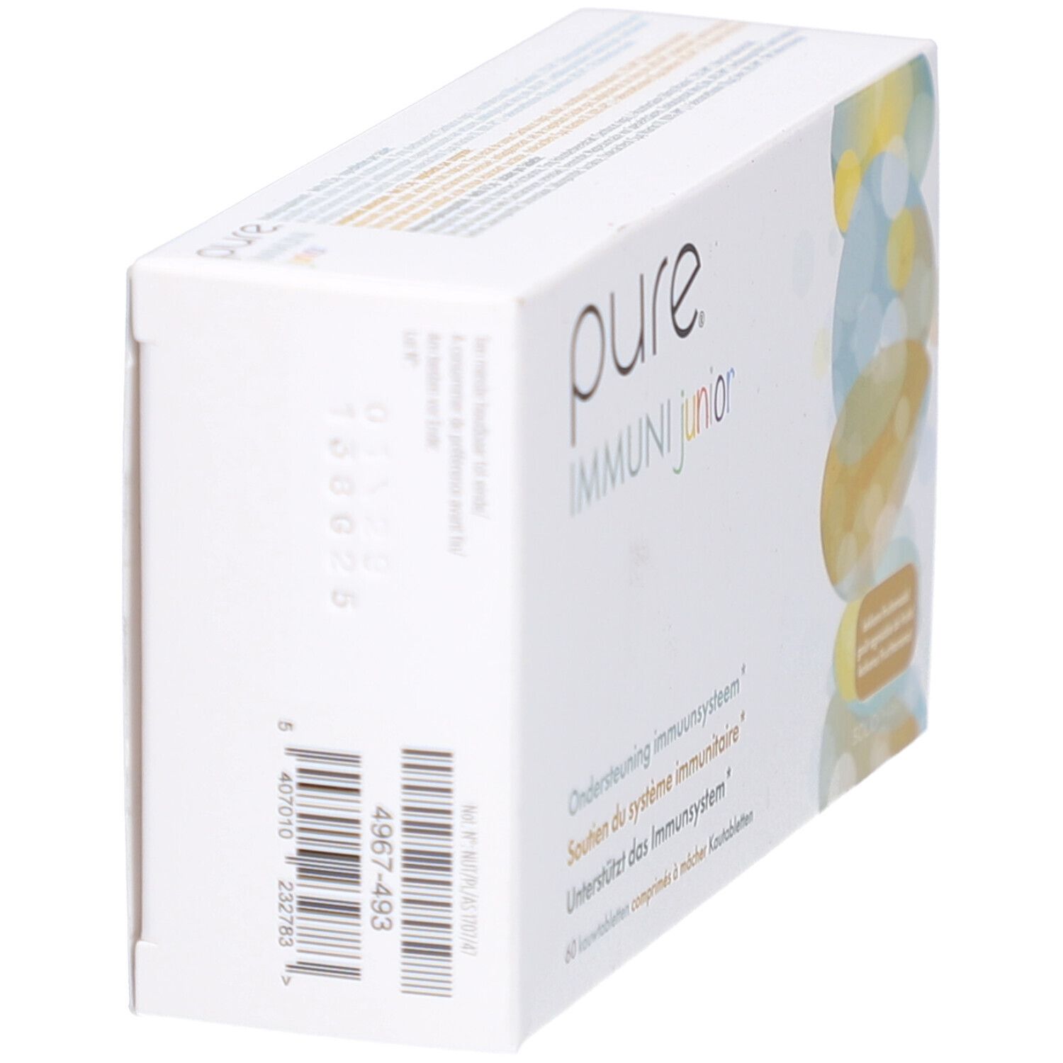 Boîte blanche, vue latérale. Code-barres et informations sur le produit. Inscription : pure IMMUNI junior.