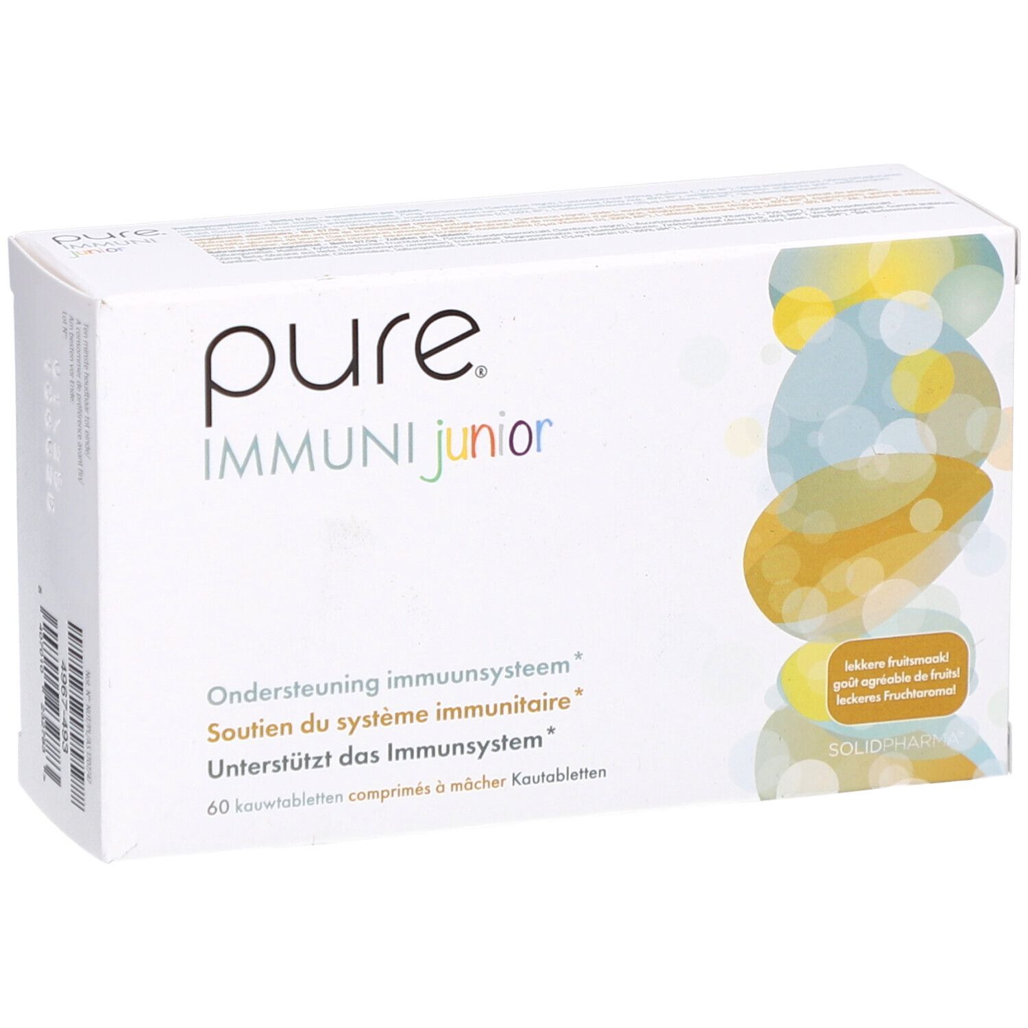 Boîte blanche avec impression du produit. Inscription : pure IMMUNI junior. 60 comprimés à mâcher. Soutien immunitaire.