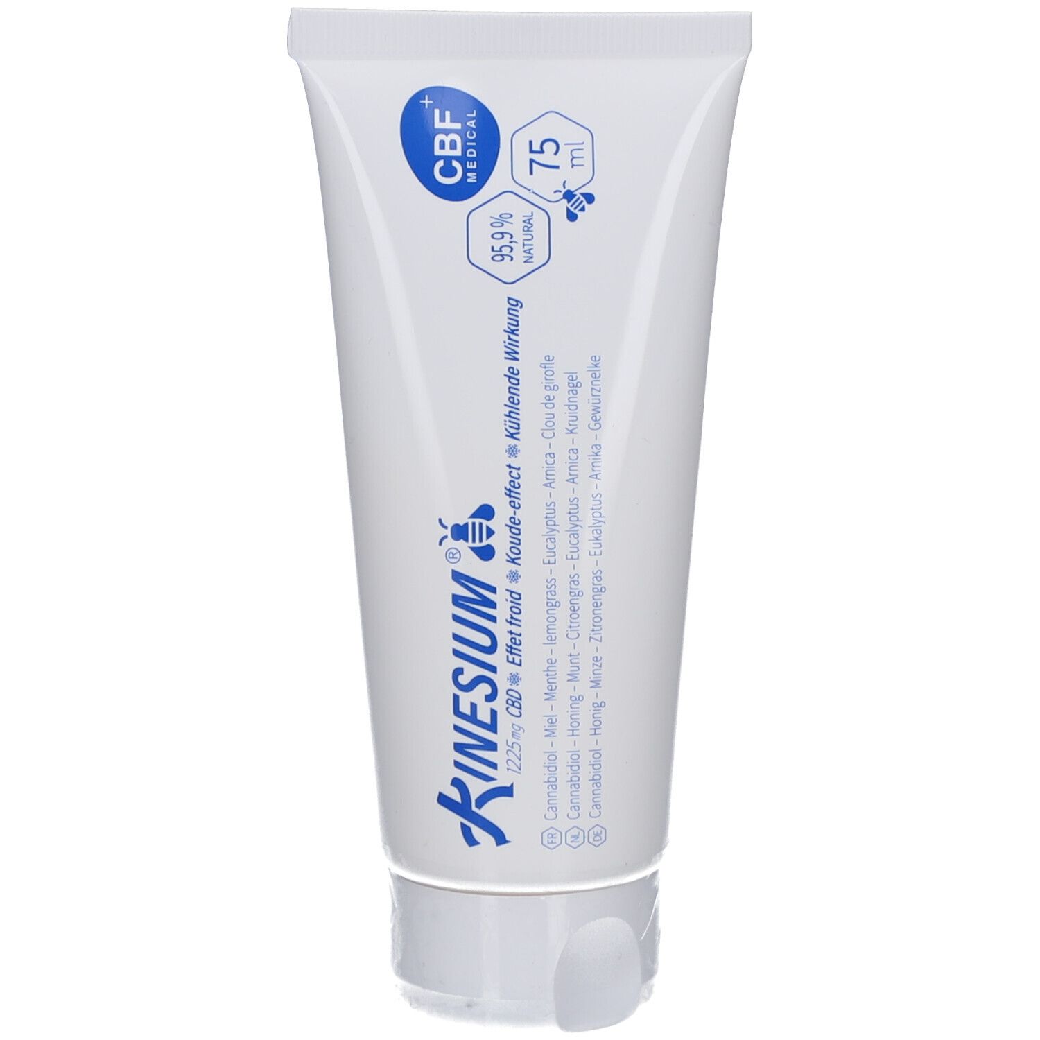 Tube blanche Kinesium, 75 ml, 95,9% naturel. Contient CBD, menthol, citron, miel, arnica. Effet froid.
