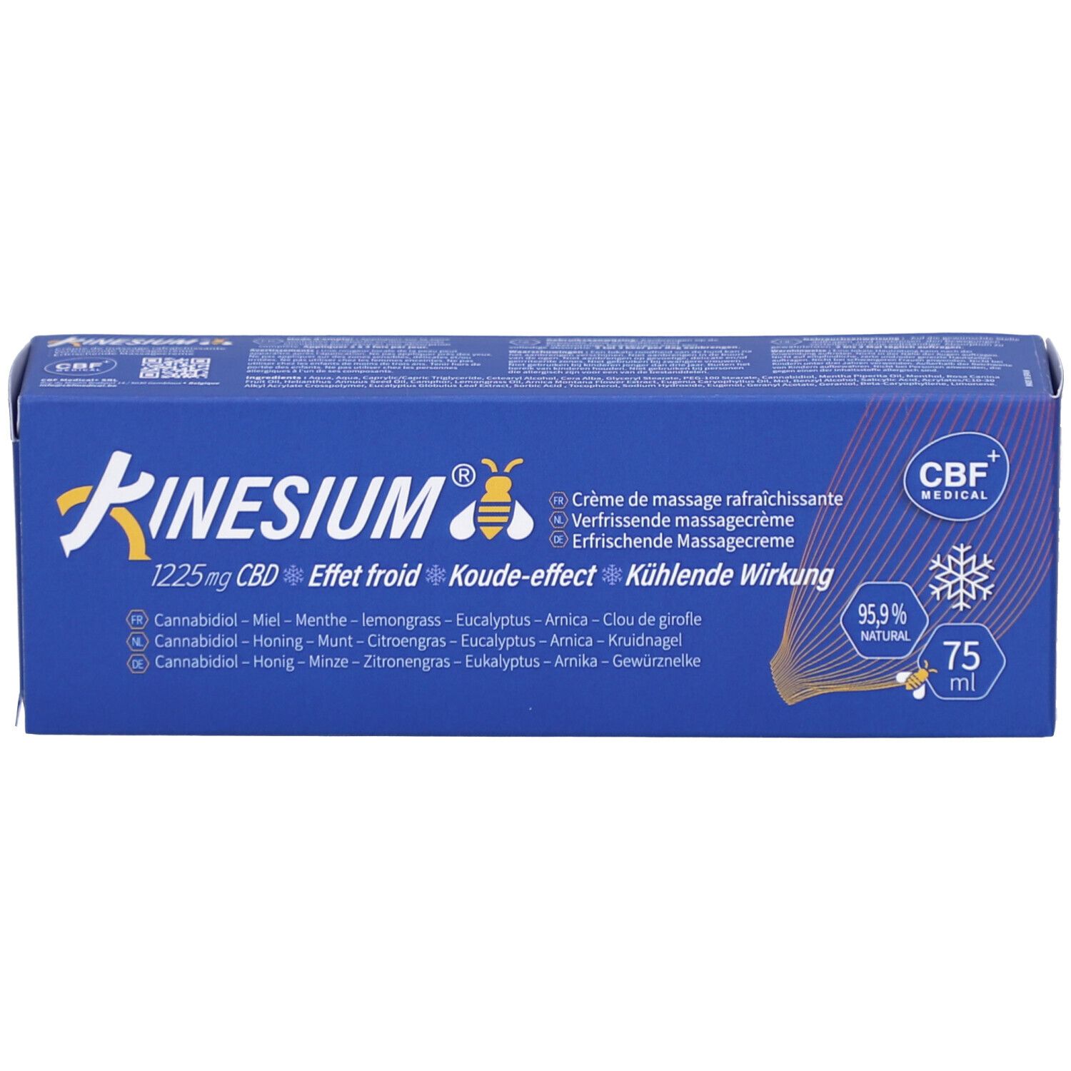 Boîte bleue Kinesium, 1225mg CBD, ingrédients, 75 ml, 95,9% naturel. Effet froid.