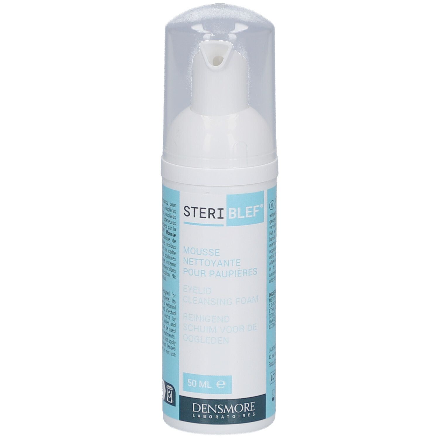 Witte fles met klapdeksel. Opschrift: STERIBLEF, Mousse nettoyante pour paupières, Eyelid cleansing foam. 50 ml.