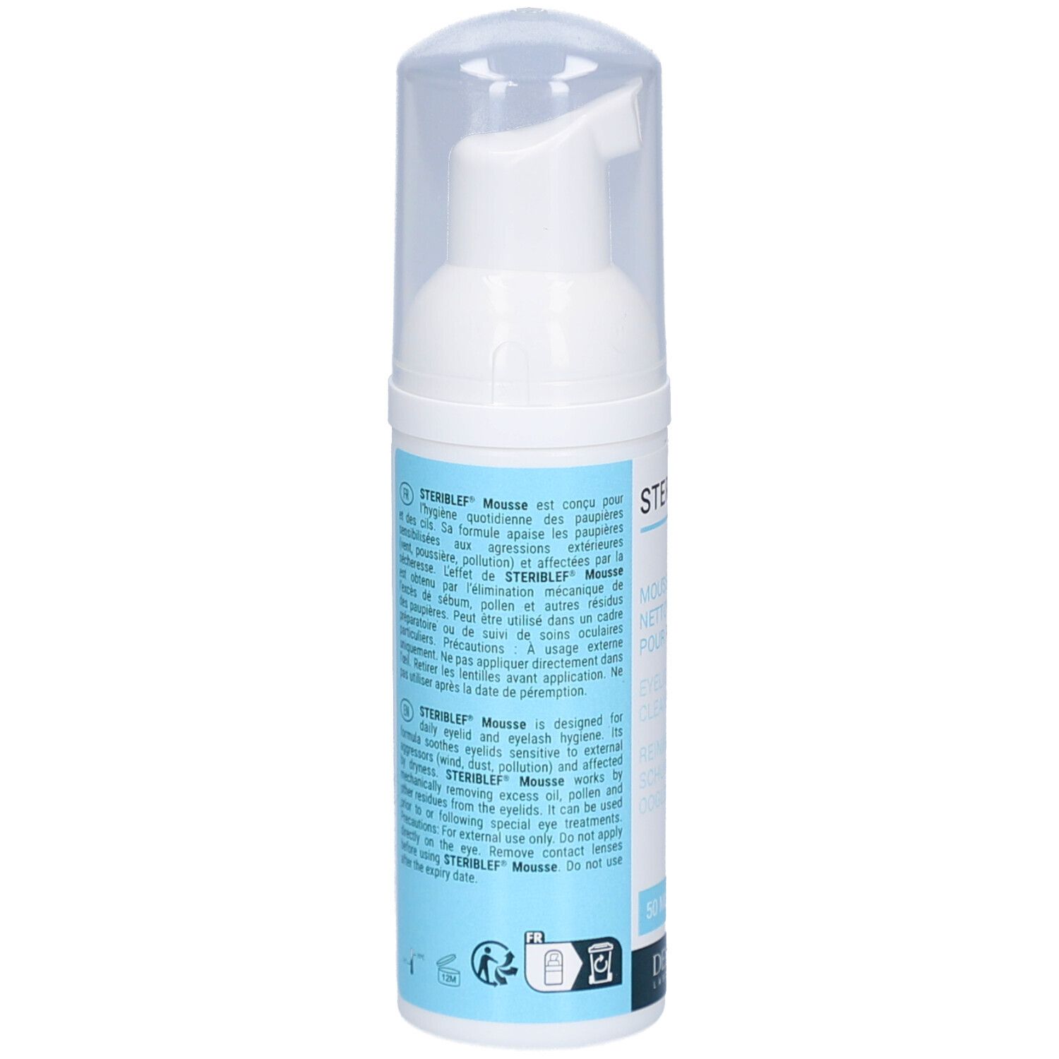 Achterkant van de witte fles. Tekst in meerdere talen. Informatie over gebruik en ingrediënten.