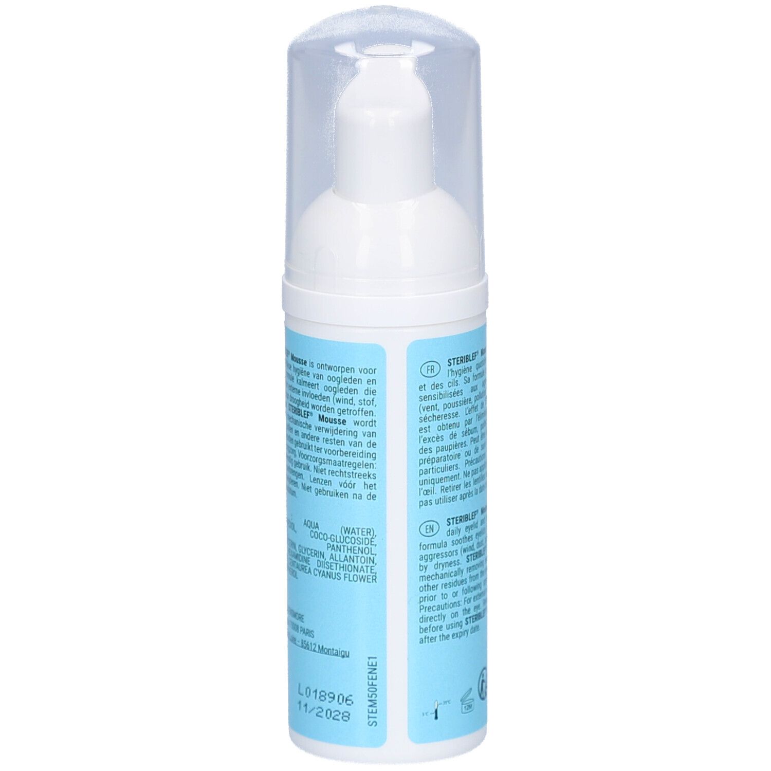 Achterkant van de witte fles. Tekst in meerdere talen. Informatie over gebruik en ingrediënten.