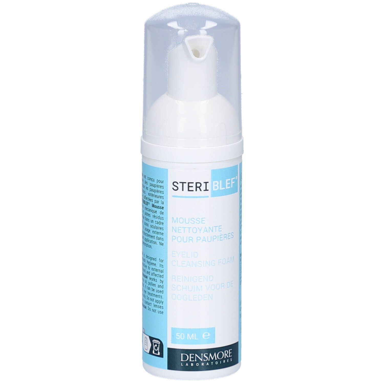 Witte fles met klapdeksel. Opschrift: STERIBLEF, Mousse nettoyante pour paupières, Eyelid cleansing foam. 50 ml.
