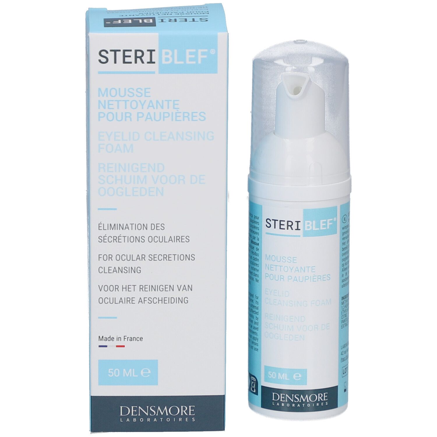 Product en verpakking. Witte fles en doos. Opschrift: STERIBLEF, Mousse nettoyante pour paupières, 50 ml.