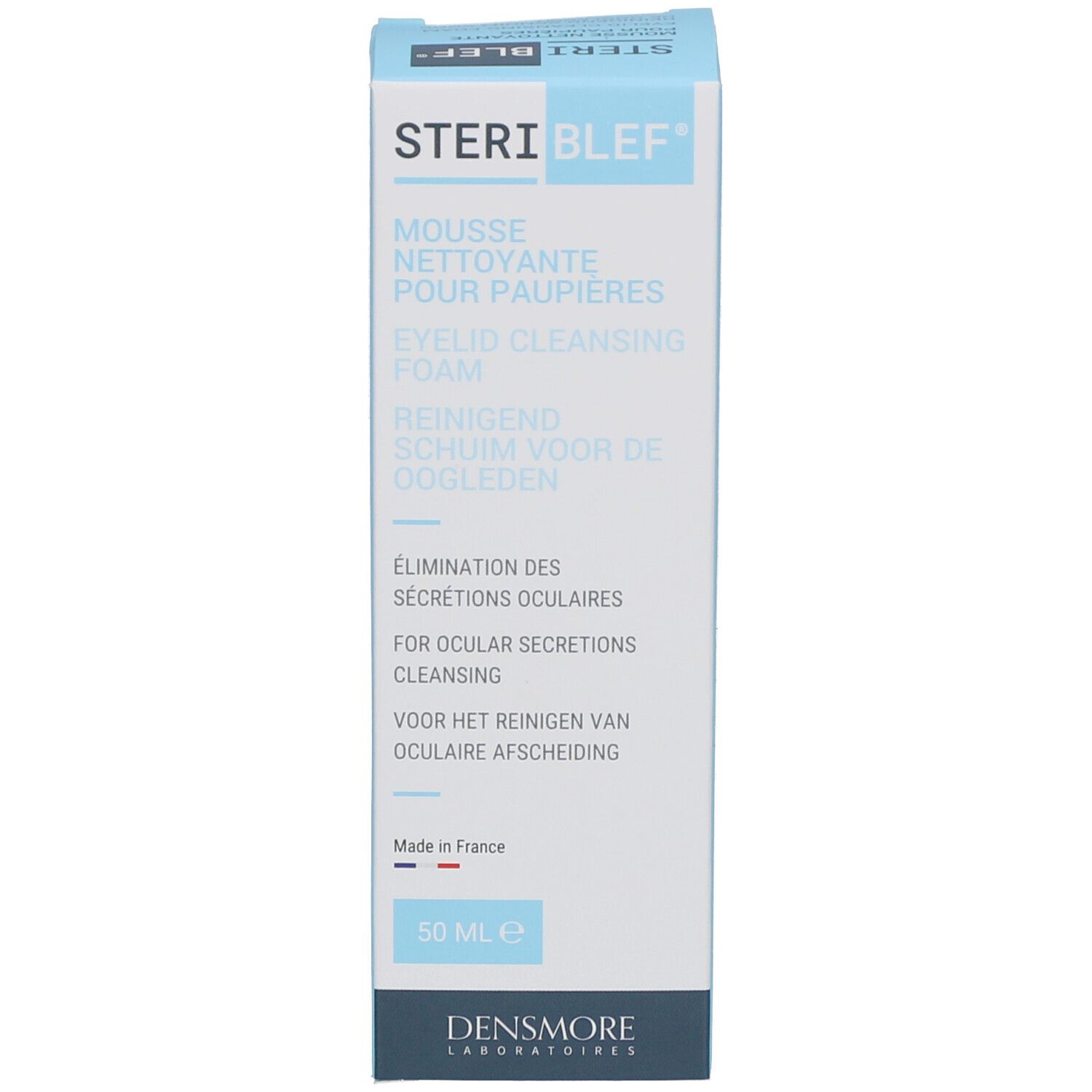 Kartonnen verpakking. Opschrift: STERIBLEF, Mousse nettoyante pour paupières, Eyelid cleansing foam. 50 ml.