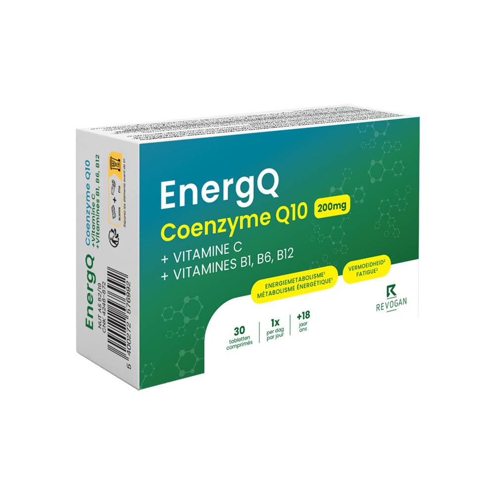 Doos EnergQ Co-enzym Q10 200mg, vitamine C en B-vitaminen. Bevat 30 tabletten. Revogan.