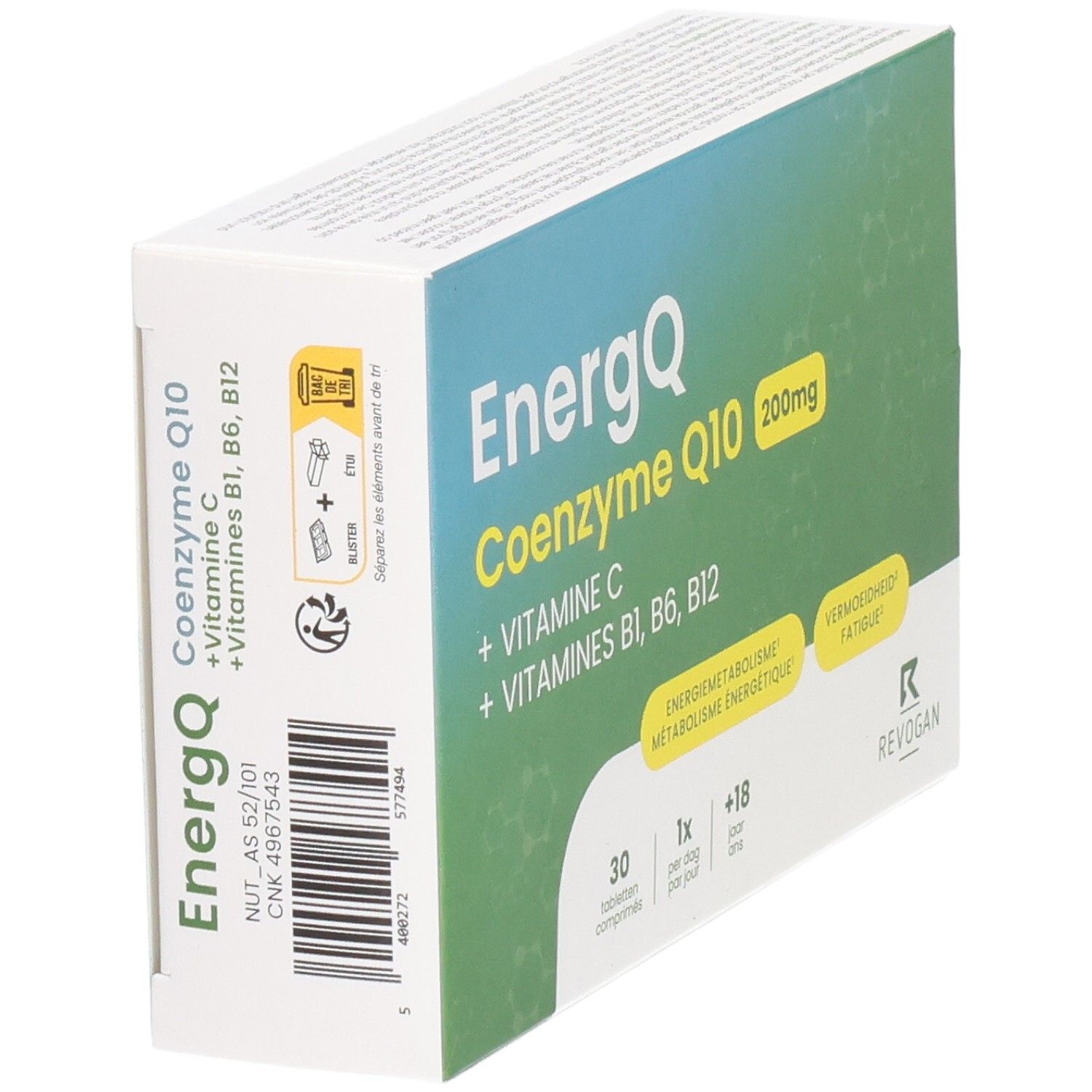 Doosje Energq Co-enzym Q10 200mg. Bevat vitamine C en B-vitaminen. 30 tabletten. Revogan logo. Barcode en pictogrammen.