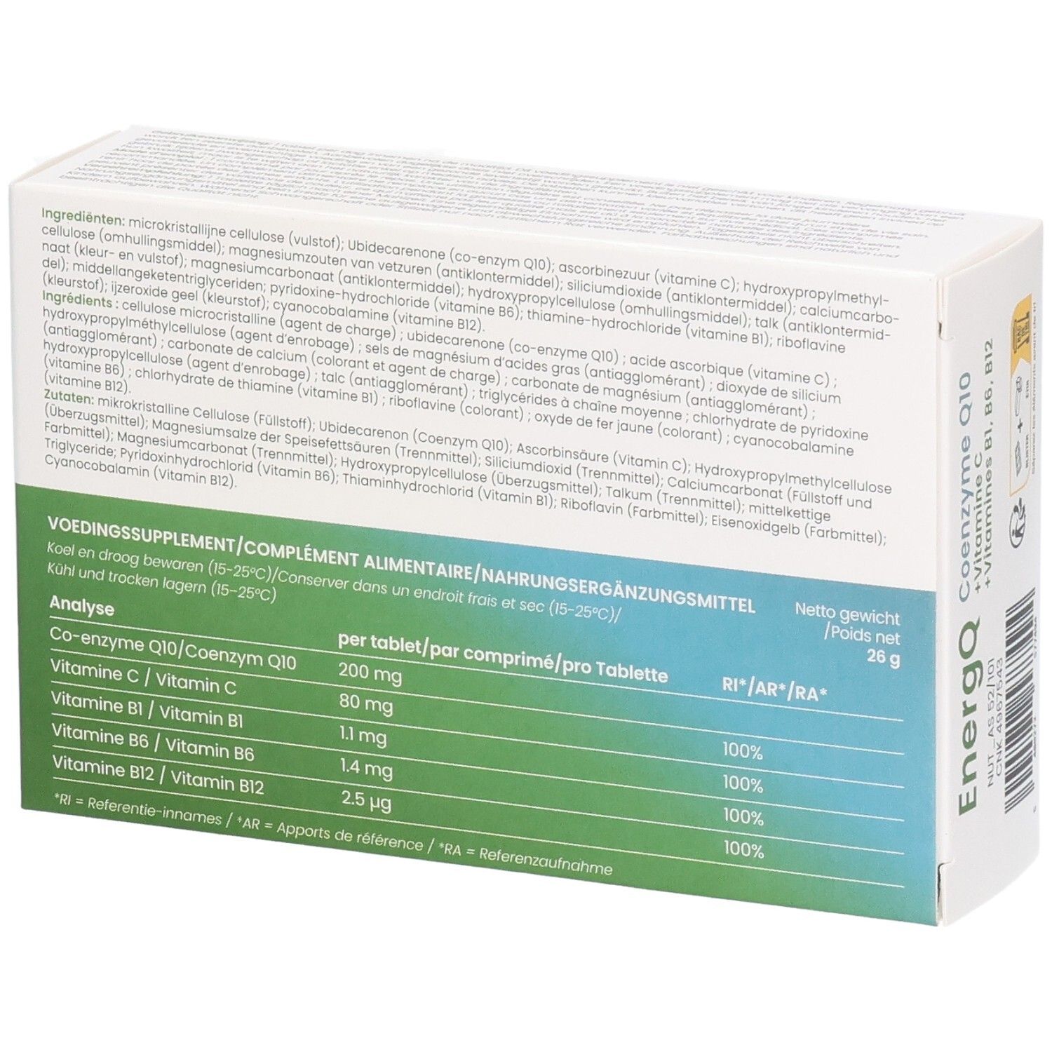 Achterkant van de doos met ingrediënten en voedingswaarde. Bevat co-enzym Q10, vitamine C en B-vitaminen. Revogan.