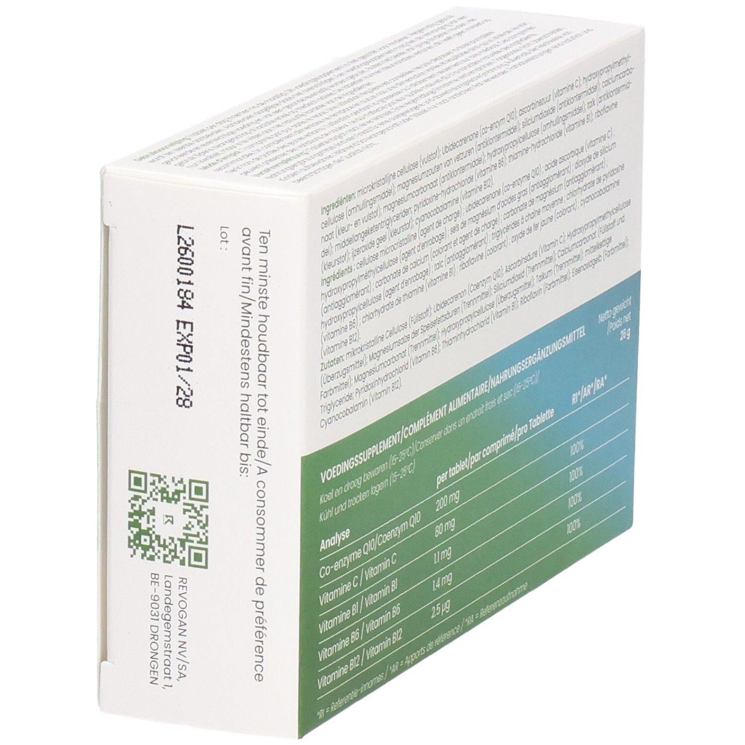 Doosje met ingrediënten en voedingswaarde. Bevat co-enzym Q10, vitamine C en B-vitaminen. Ten minste houdbaar tot 01/28. Revogan.
