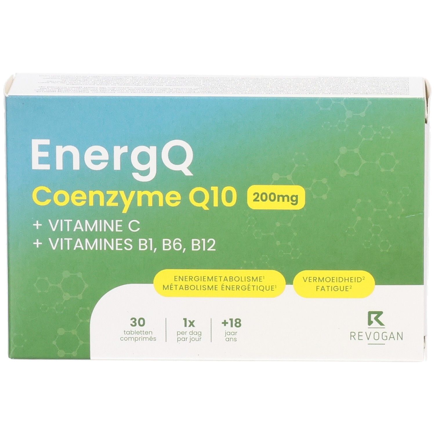 Doosje Energq Co-enzym Q10 200mg. Bevat vitamine C en B-vitaminen. 30 tabletten, 1 per dag, +18 jaar. Revogan.