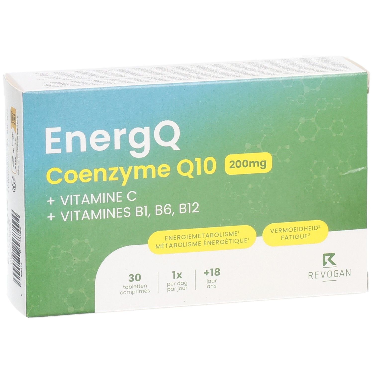Doosje Energq Co-enzym Q10 200mg. Bevat vitamine C en B-vitaminen. 30 tabletten, 1 per dag, +18 jaar. Revogan.