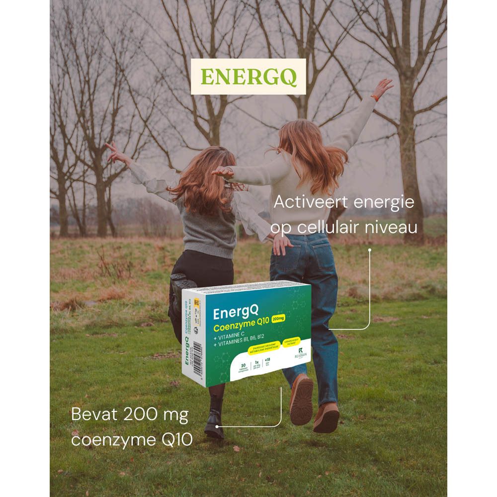 Twee vrouwen dansen. Een doos EnergQ Co-enzym Q10 200mg is zichtbaar.