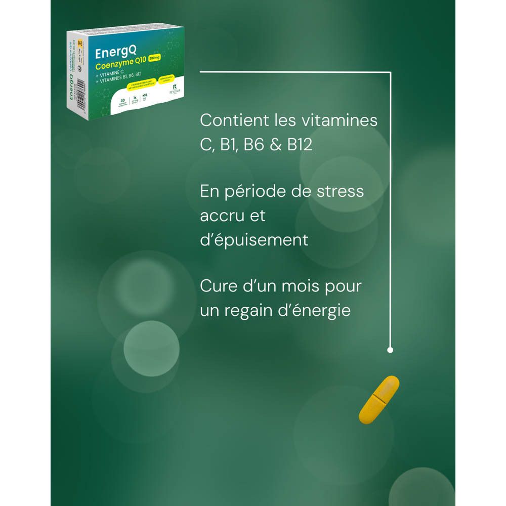 Graphique avec un comprimé et des informations sur EnergQ Coenzyme Q10 200mg. Contient Vitamine C, B1, B6, B12.